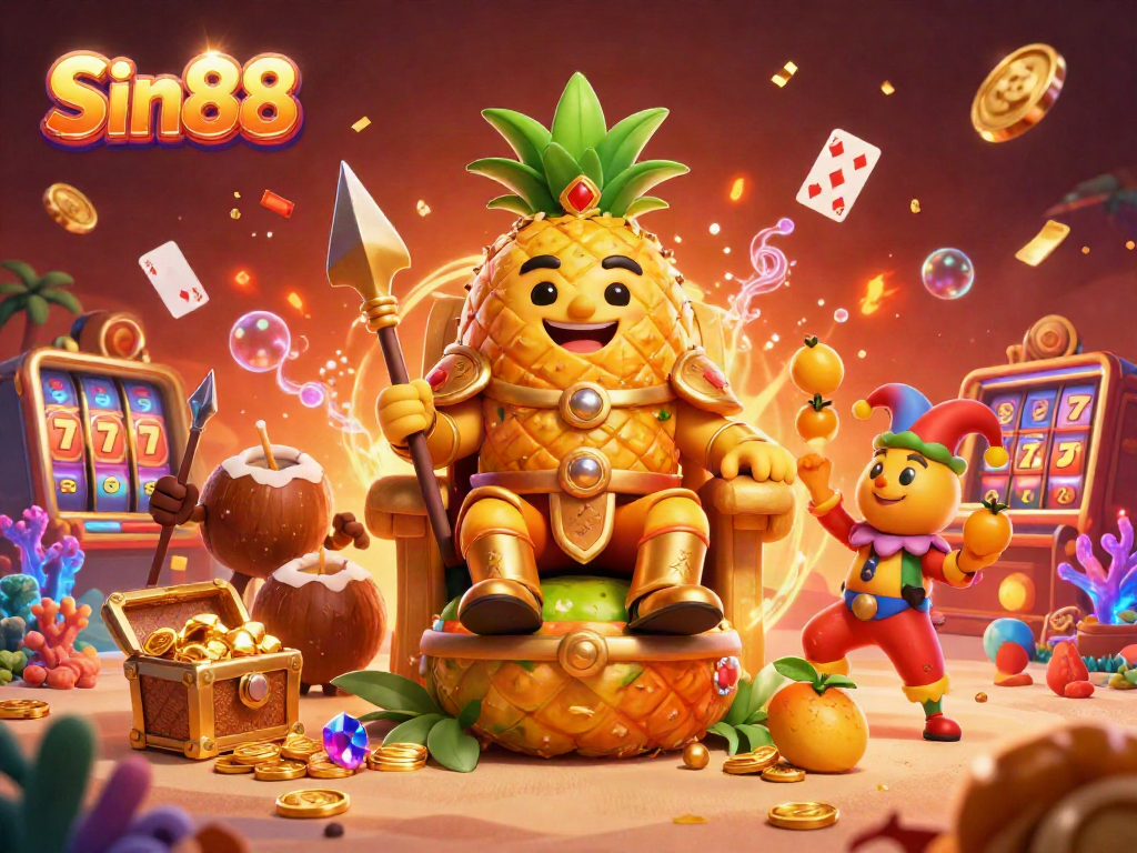 Sin88 showcases a vibrant beach casino with a golden pineapple king, attracting players with rich visuals and engaging elements.
