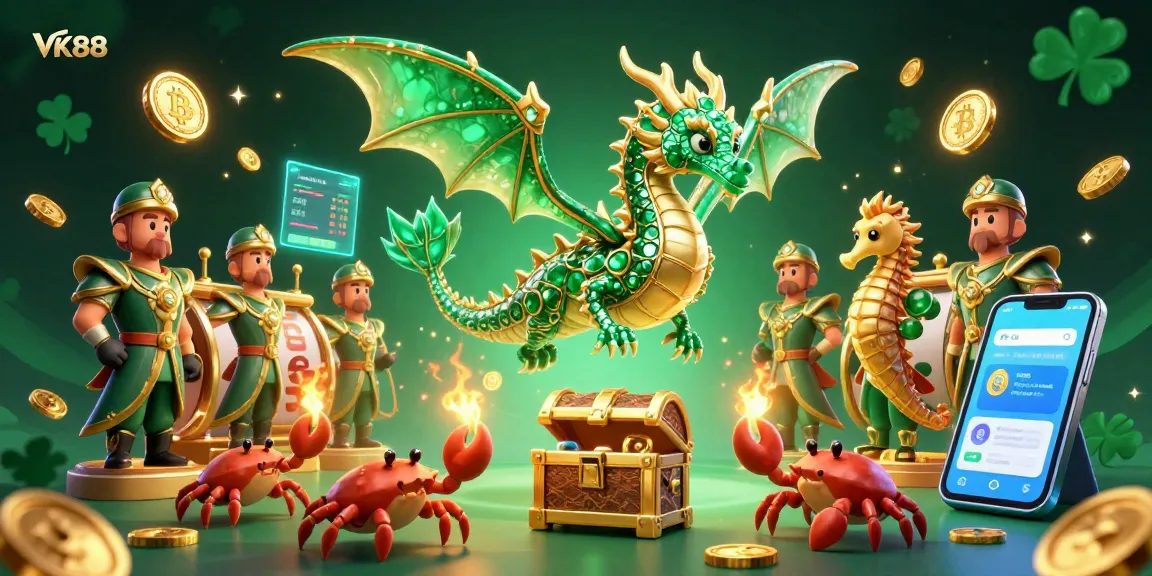 Experience the thrill of VK88 casino with a vibrant sea dragon and treasure chest in a rich 3D illustration.