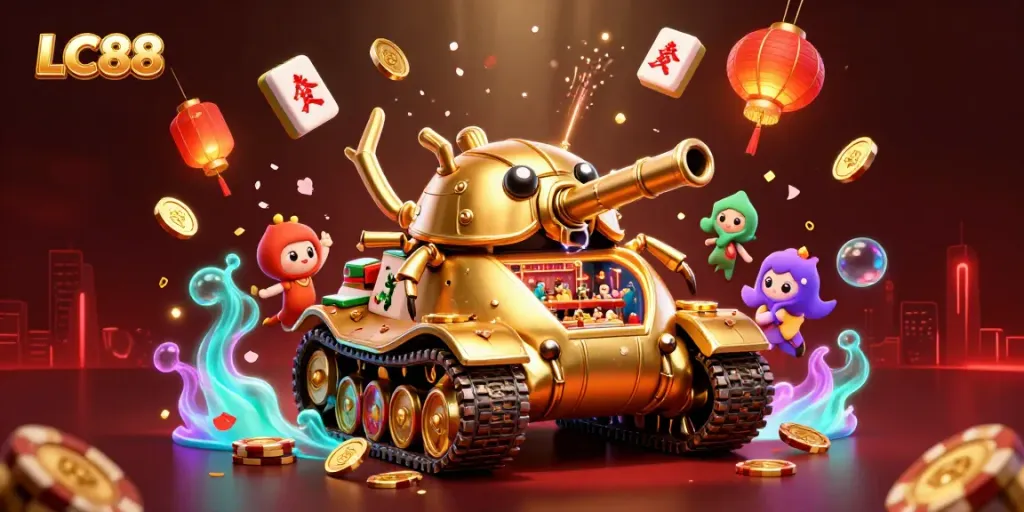 Experience the excitement of LC88 with a dynamic golden casino beetle tank, floating game elements, and vibrant festive decorations.