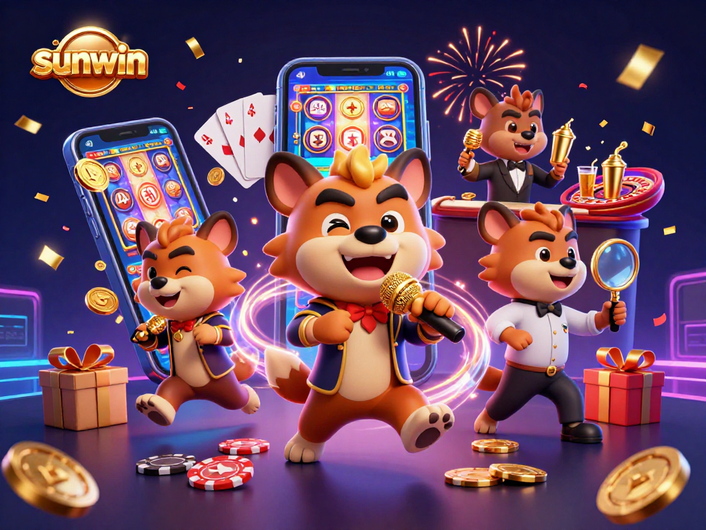 Sunwin hyena casino characters performing fun activities in a vibrant gambling scene, enhancing user engagement.