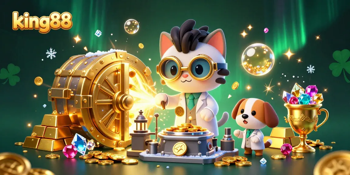 Spin the reels with king88 in an exciting 3D laboratory scene filled with gold coins and treasures.