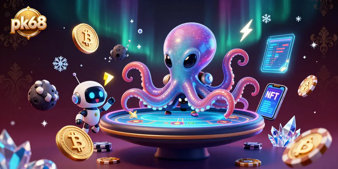 Engage in thrilling games at pk68 with an alien octopus dealing at a neon poker table.