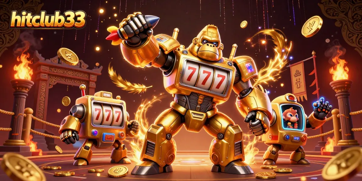 Hitclub33 unleashes excitement with a golden gorilla mech-powered jackpot adventure in a dynamic casino scene.