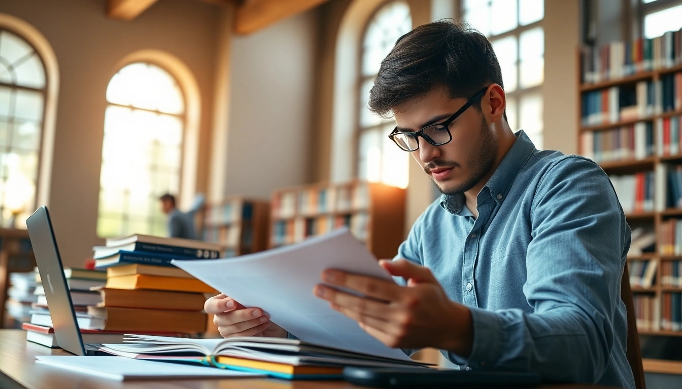 Enhance your exam support with a focused student immersed in study materials amid a supportive library environment.