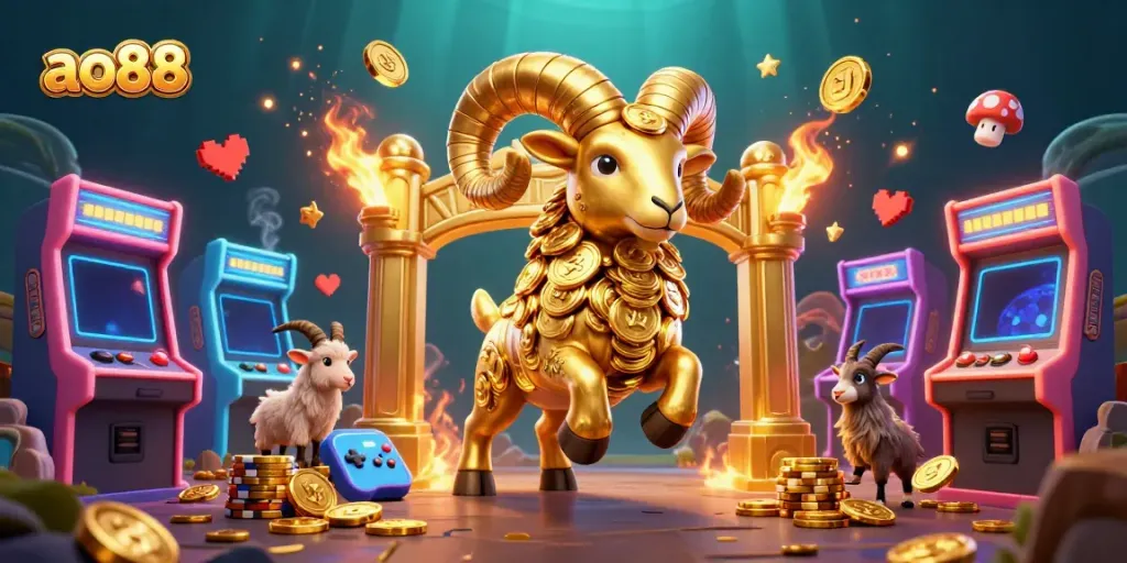 A dynamic illustration of a golden ram charging through a casino-themed party scene at ao88, surrounded by colorful arcade elements.
