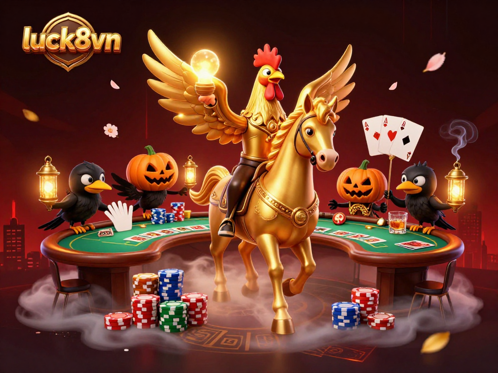 Experience thrilling moments at luck8vn with a golden rooster and its companions in a festive casino.