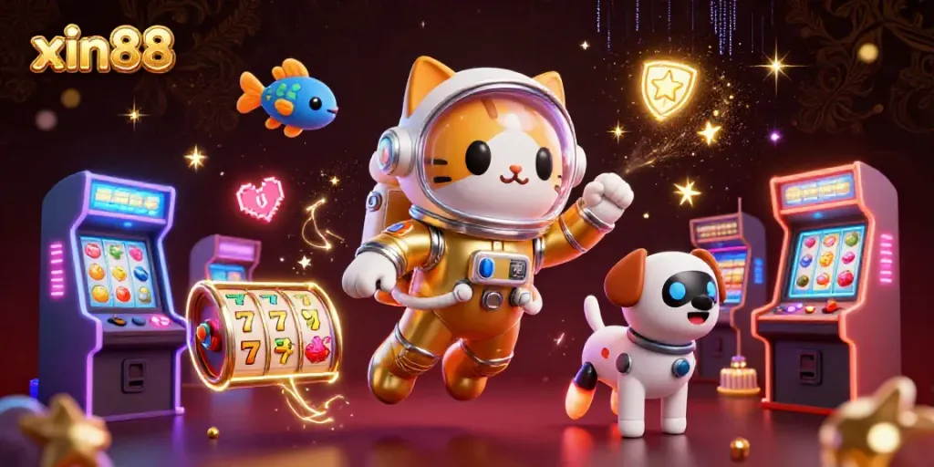 Engage with xin88's thrilling slots through a vibrant scene featuring a floating astronaut cat and robot dog.