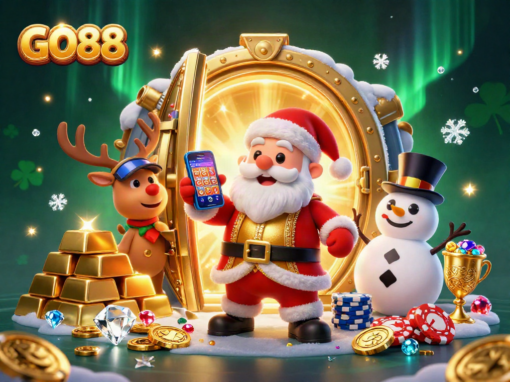 Experience the excitement of GO88 with a festive illustration of Santa and friends in a casino!
