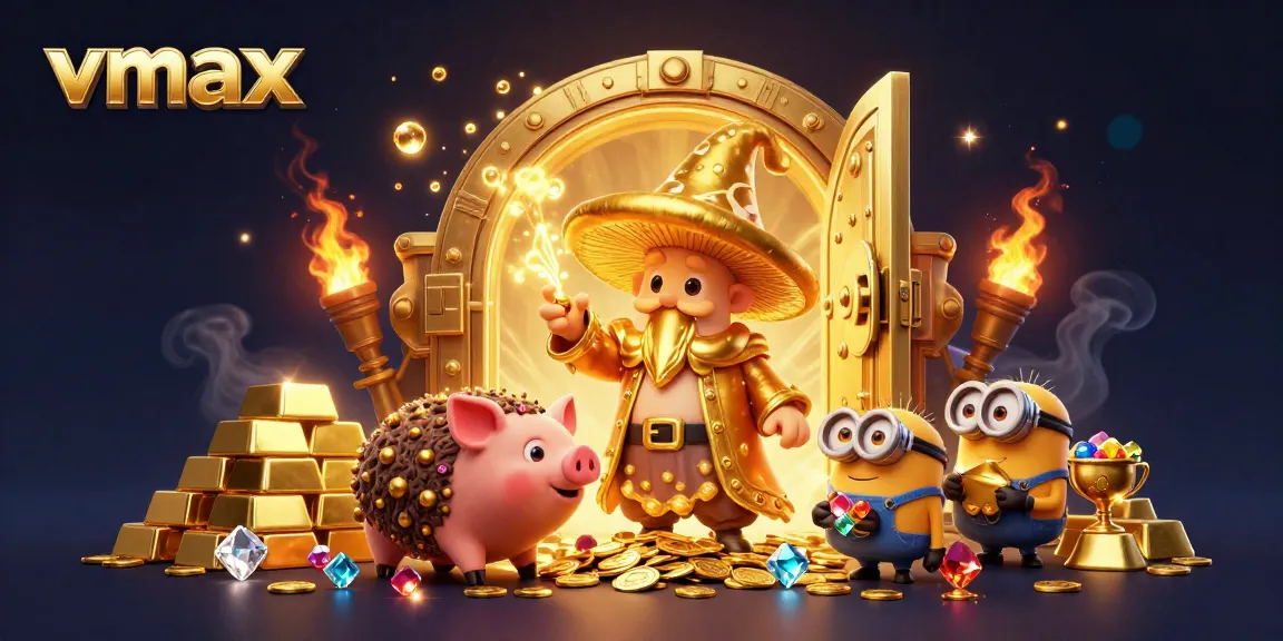 Experience the thrilling vibe of vmax casino with a vibrant scene featuring golden treasures, wizards, and gems.