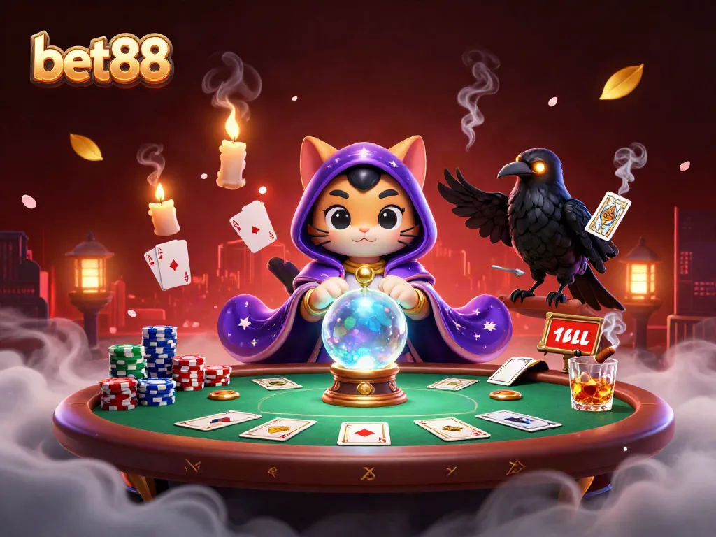 Experience thrilling gameplay with bet88 in a vibrant casino scene featuring a mystic cat and poker elements.