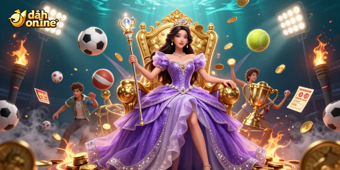 Engage in đánh đề online with a regal Asian empress holding a scepter amid dynamic gaming elements.