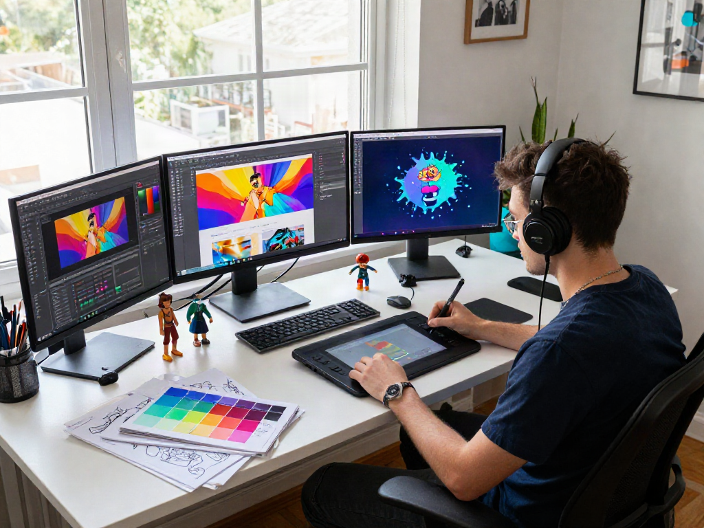 Digital artist immersed in NSFW graphic design at a creative workspace