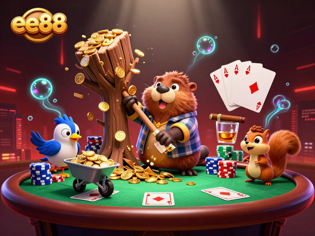 ee88 cartoon scene showcasing fun gambling action with a beaver, bird, and squirrel collecting golden coins.