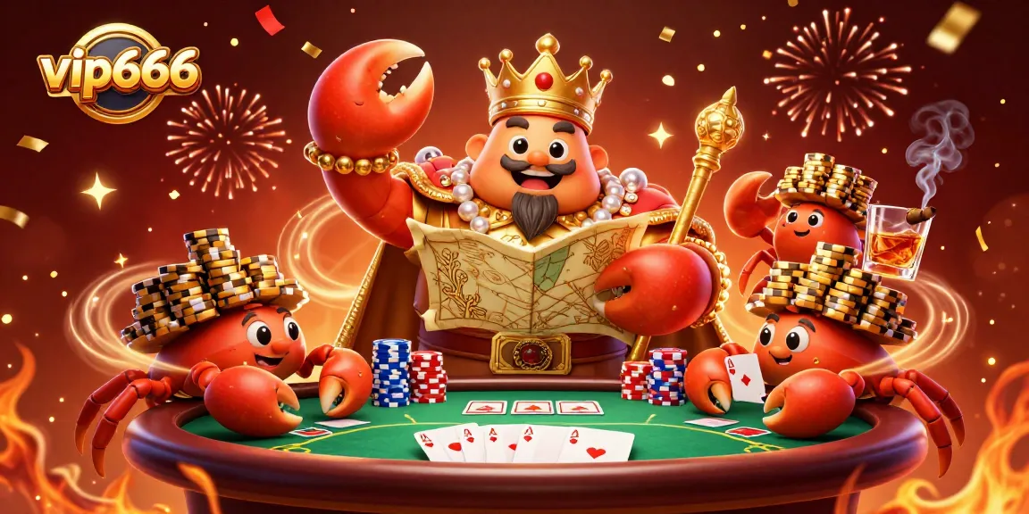 Experience the excitement of vip666 as the golden crab emperor leads with his scepter amidst a lively poker scene.