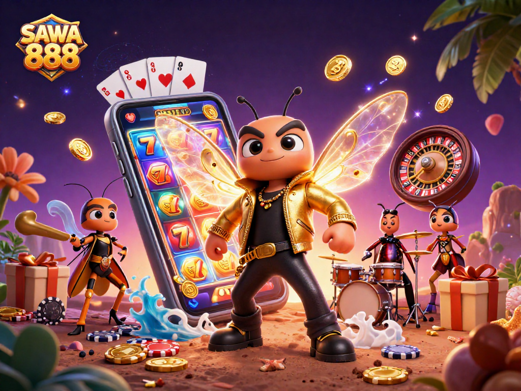 SAWA 888 brings excitement to slots with a vibrant scene featuring a rock star and joyful characters.