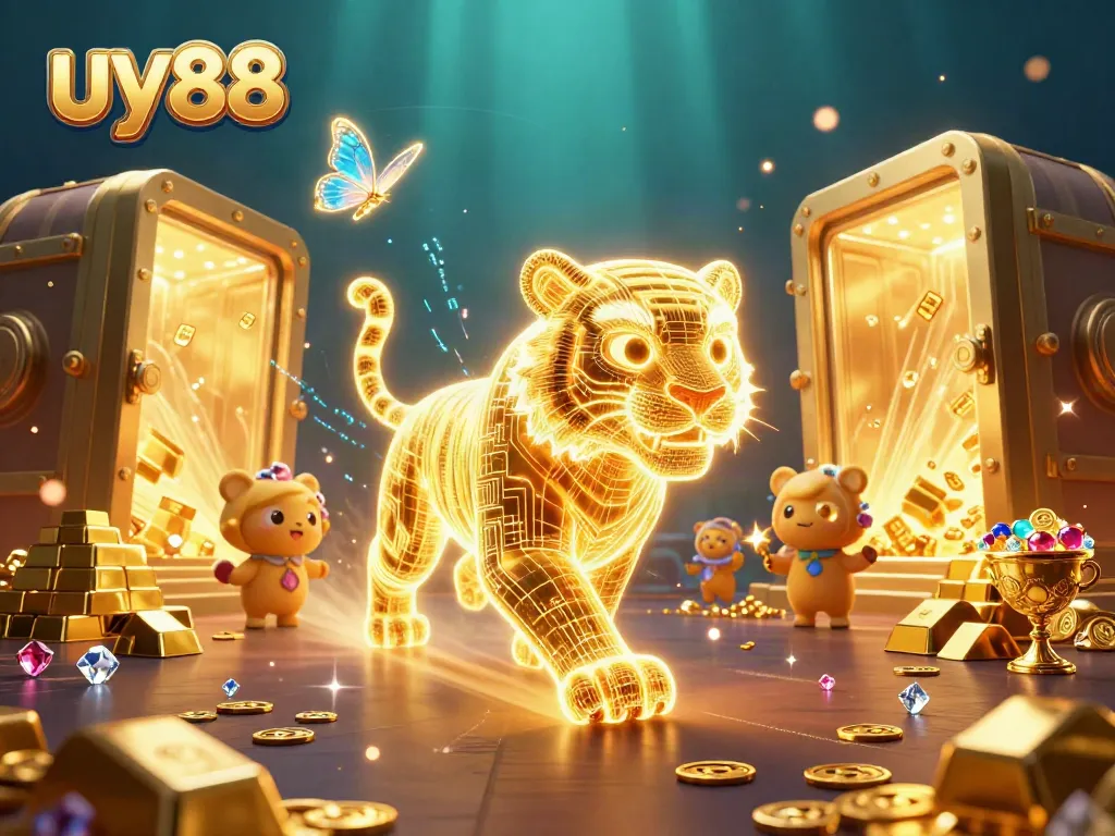 Experience the thrill of uy88 at a vibrant 3D casino with golden treasures and neon characters.