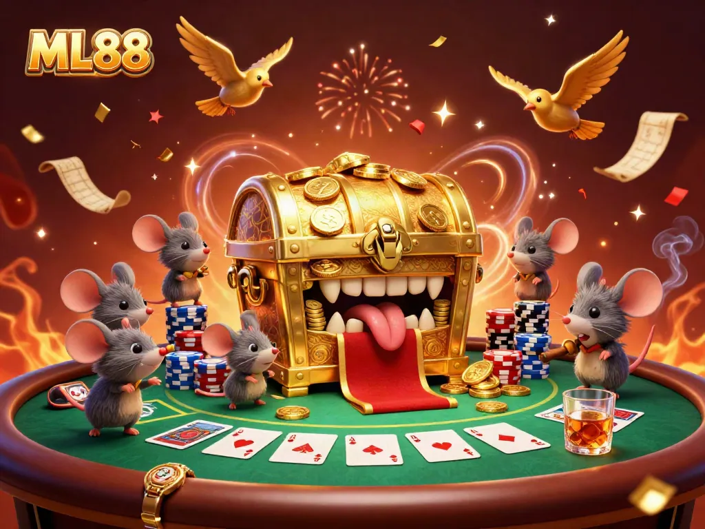 Engage with ML88's exciting casino experience featuring a treasure chest, poker elements, and dynamic visuals.