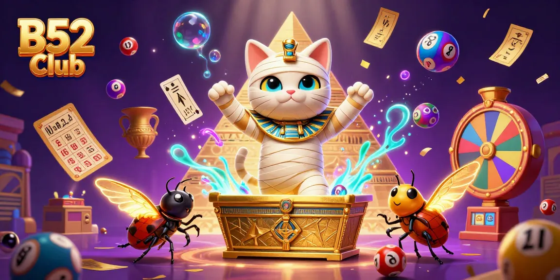 Join the thrilling experience of B52Club with the Egyptian mummy cat and vibrant casino elements.