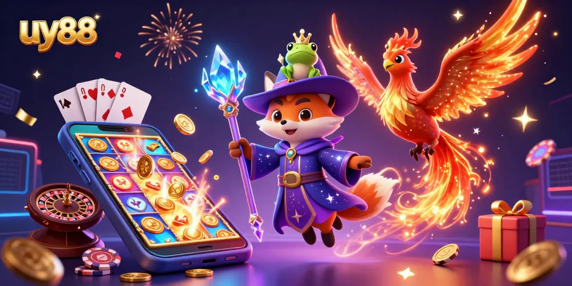 Experience the magic of uy88 with a wizard fox, phoenix, and lively casino elements in a vibrant scene.