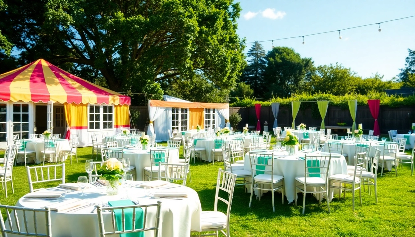 Enhance your gatherings with Outdoor Party Rentals featuring elegant setups in a vibrant garden.