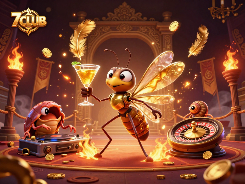 A thrilling scene of 7CLUB featuring a mascot mosquito, trilobite DJ, and golden roulette wheel, capturing the excitement of casino gaming.
