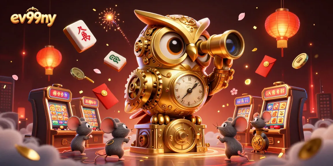 Experience the excitement of ev99ny with a dynamic casino scene featuring a golden owl and lively mouse patrons.