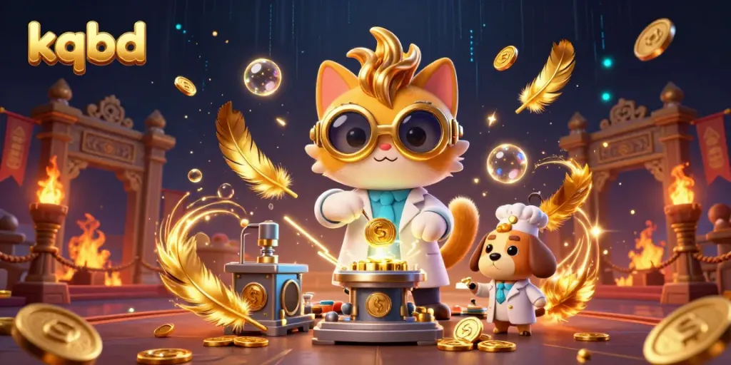 Experience KQBD’s thrilling scene with a mad scientist cat and dog amidst colorful gambling elements.