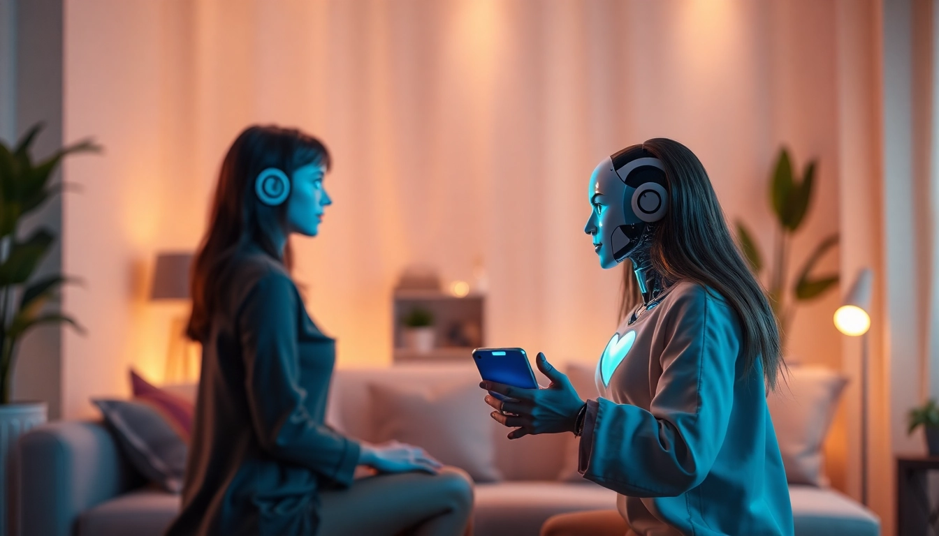 Engaging 'sex chat ai' scene with users and a lifelike AI chatbot avatar in a cozy room.