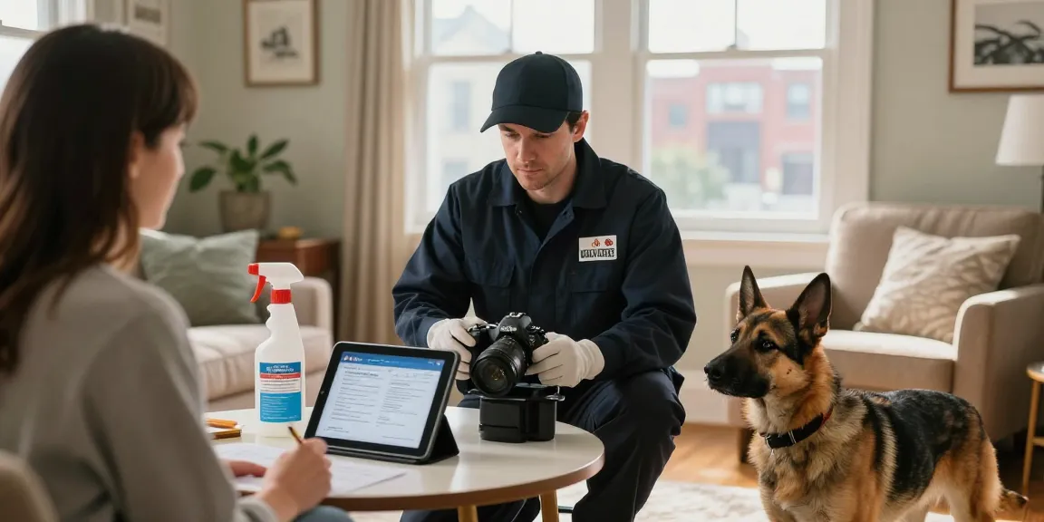 Bed bug pest control expert advising a homeowner in a cozy Milwaukee living room.