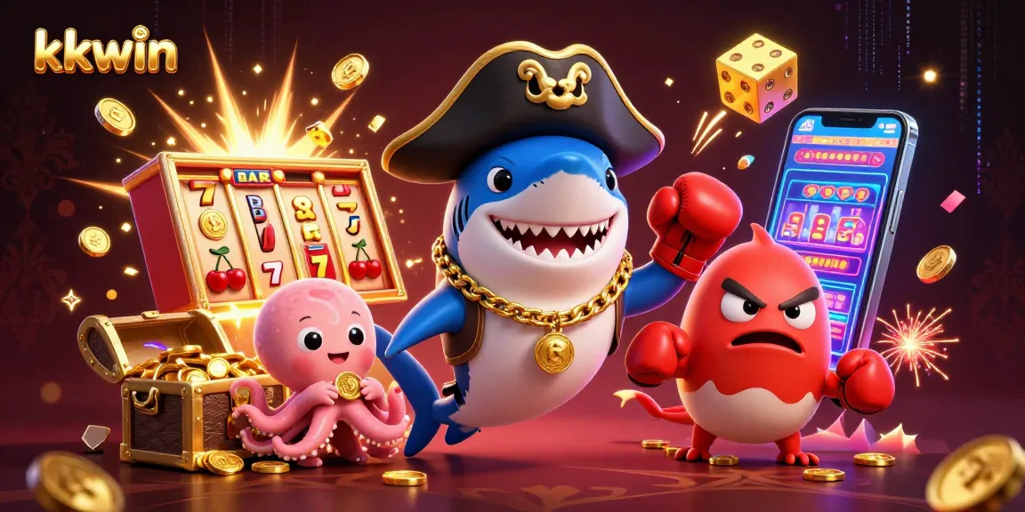 Experience exciting gameplay with kkwin's dynamic cartoon scene featuring playful casino characters and elements.