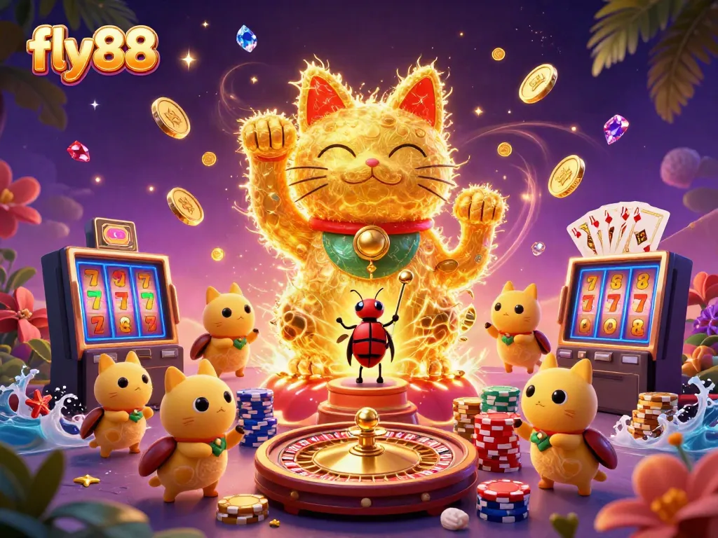 Experience lively casino excitement with fly88, featuring a vibrant lucky cat, gaming symbols, and dynamic lights.