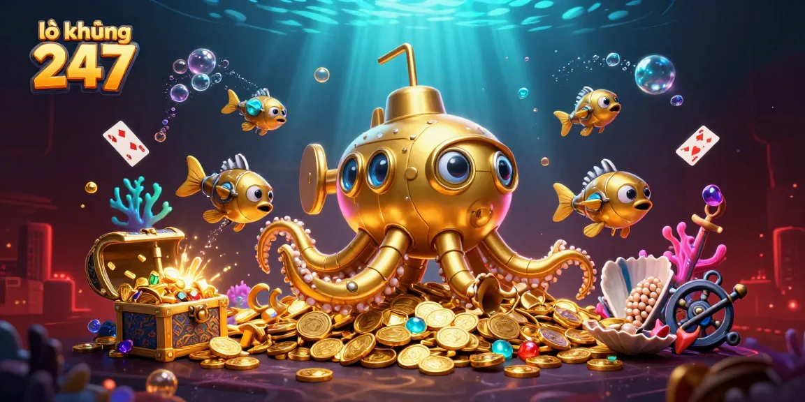Win big with lô khung 247 in a vibrant, dynamic underwater casino scene filled with treasure.