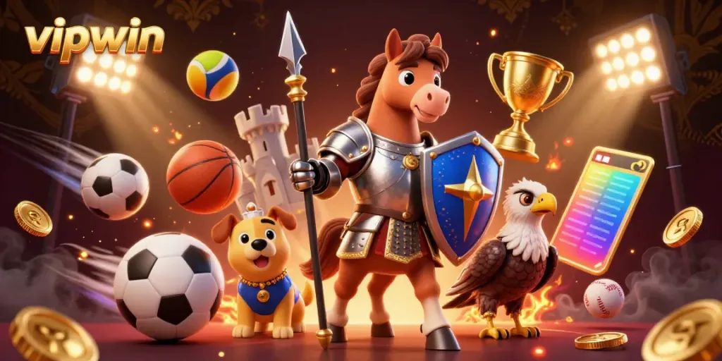 Experience the excitement of vipwin with a knight and puppy amidst dynamic sports betting elements.