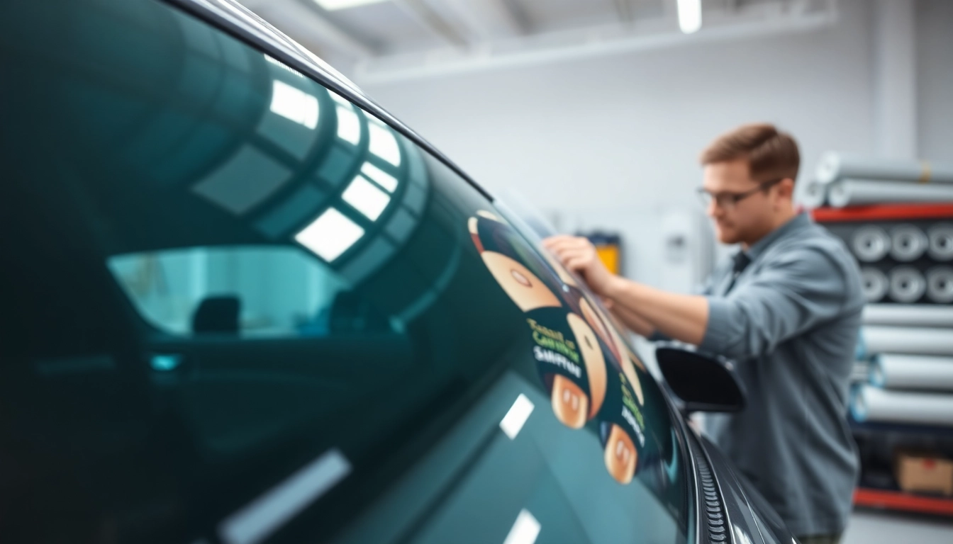 Apply window tint near me with a professional technician working in a garage setting.