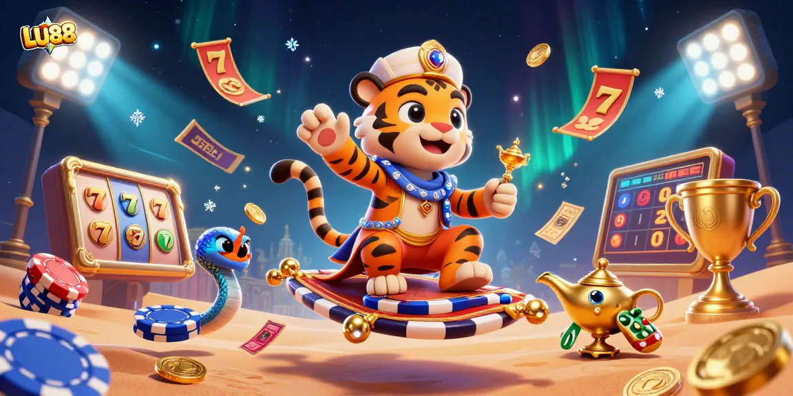 Play thrilling slots at LU88 with a captivating scene of a tiger sultan on a magical carpet.