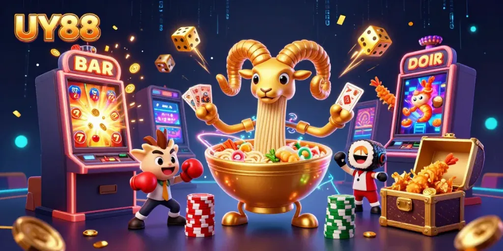 Experience UY88's dynamic online casino with vibrant characters and thrilling slot machine action