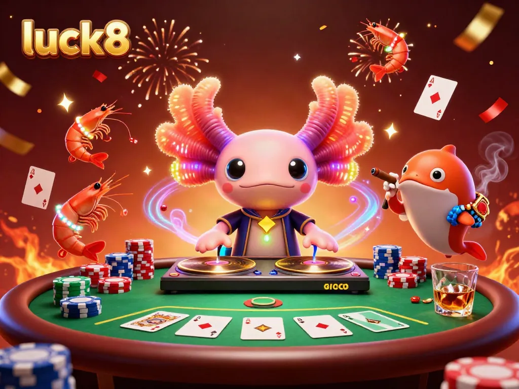 Experience luck8 with vibrant casino elements, featuring lively characters and poker action.