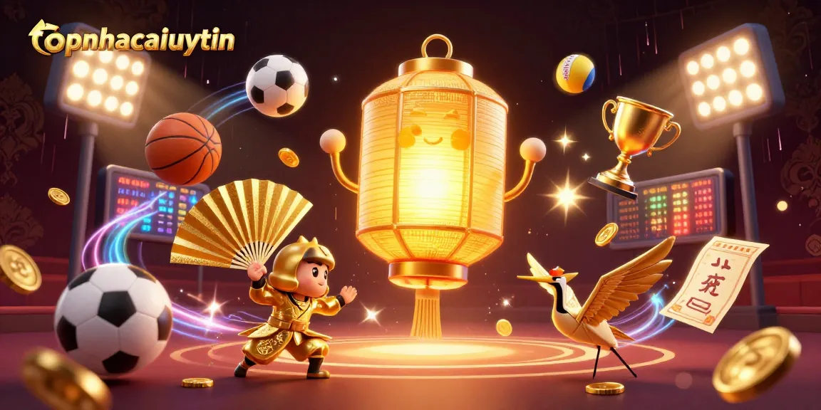 topnhacaiuytin showcases an animated spirit above a bustling sports betting scene filled with dynamic elements.