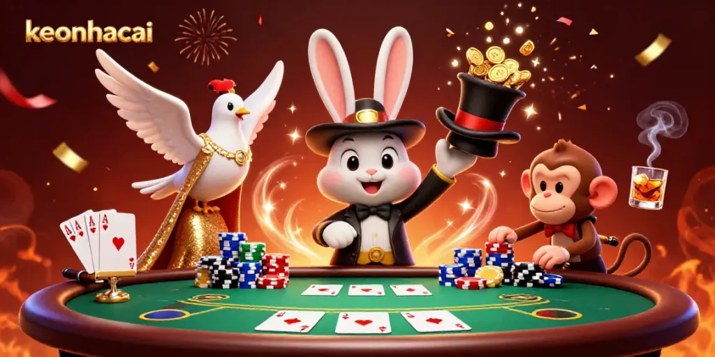 Engaging keonhacai scene with a playful magician rabbit, glamorous dove, and mischievous monkey surrounded by poker chips and cards.