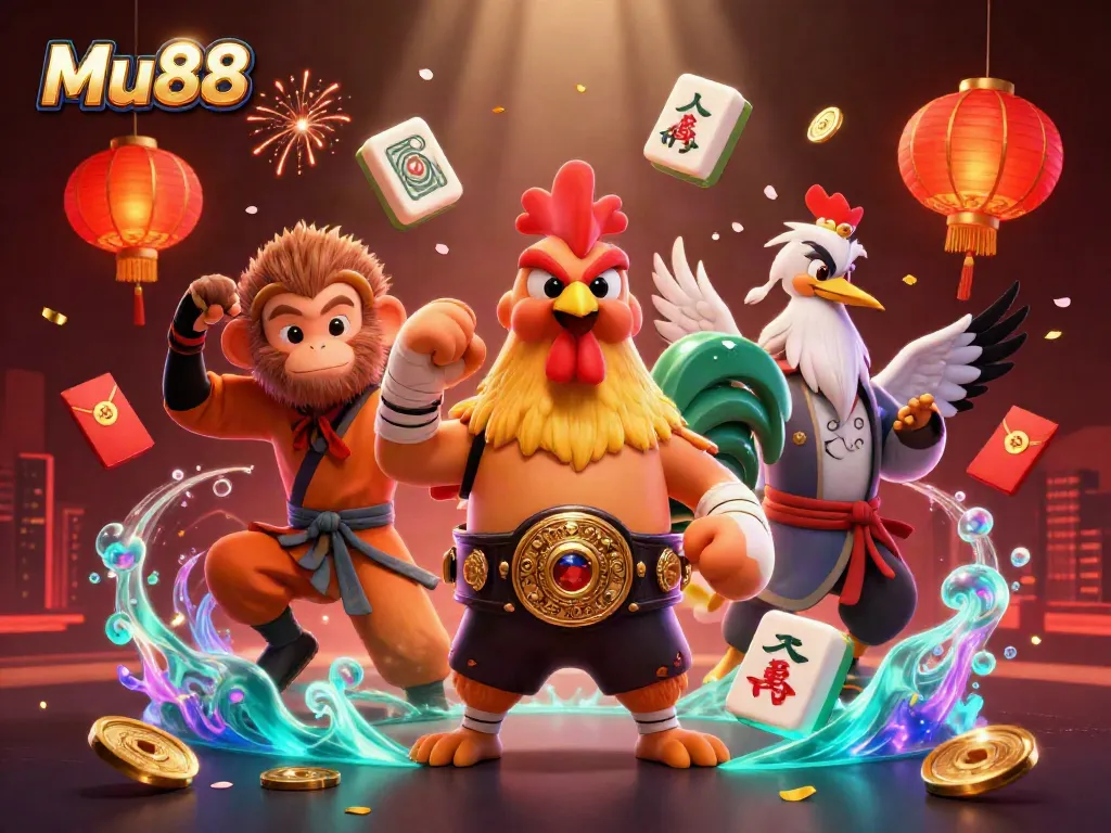 Experience thrilling action at Mu88 with a fierce rooster, Shaolin monkey, and wise crane amidst vibrant casino elements.