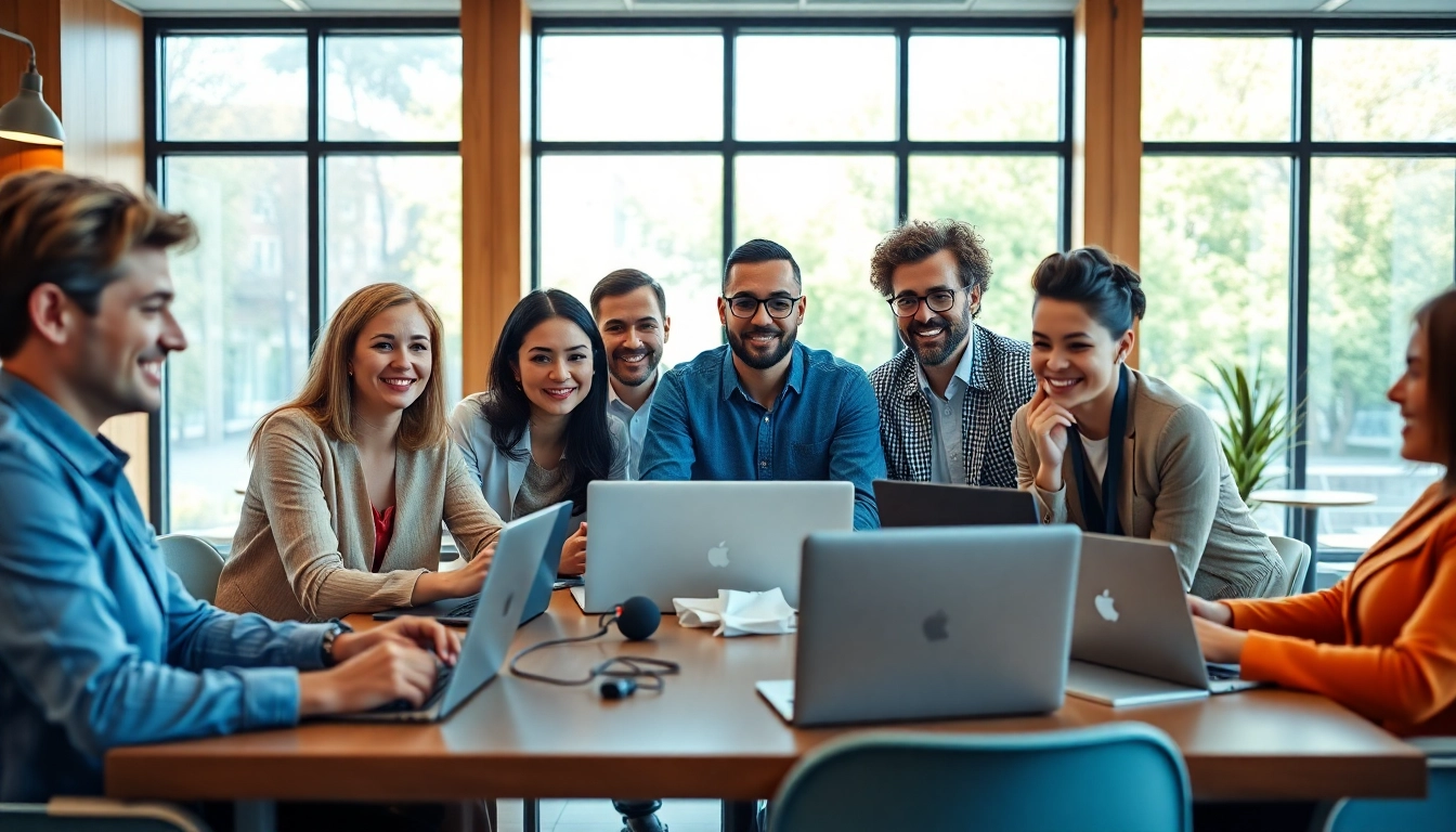 Team collaborating on a cloud based phone system in a modern office setting.