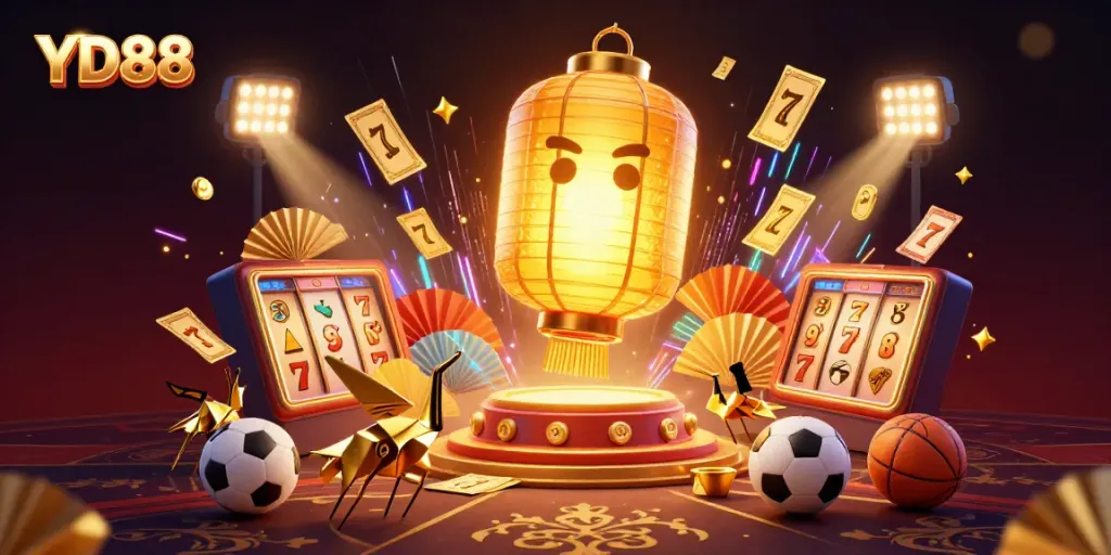 YD88 offers dynamic gambling experiences with golden lanterns and sports elements in a vibrant casino setting.