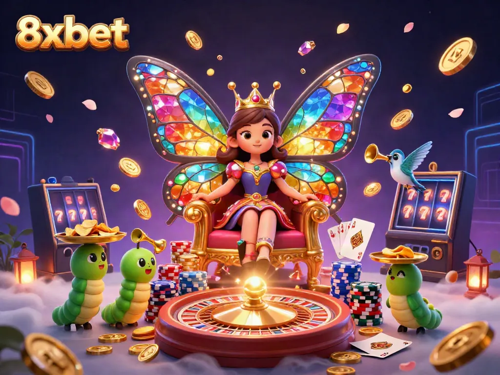 Experience 8xbet's vibrant gaming with a butterfly queen and dynamic casino elements in a rich illustration.
