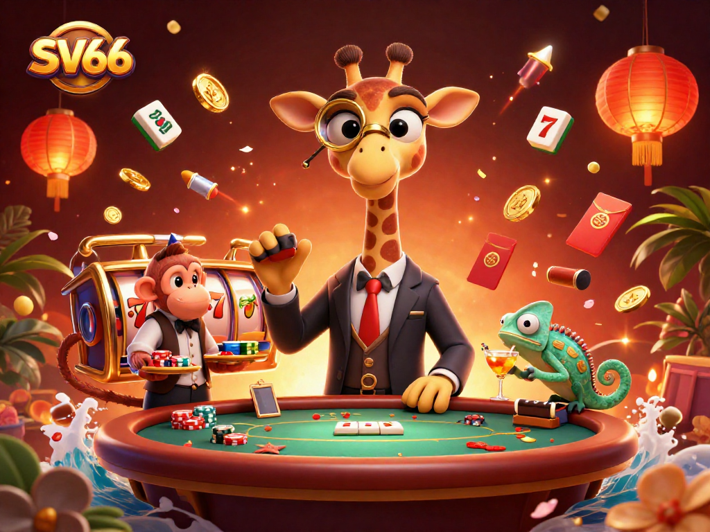 SV66 brings excitement with a high-roller giraffe at a poker table, symbolizing thrilling gambling moments.