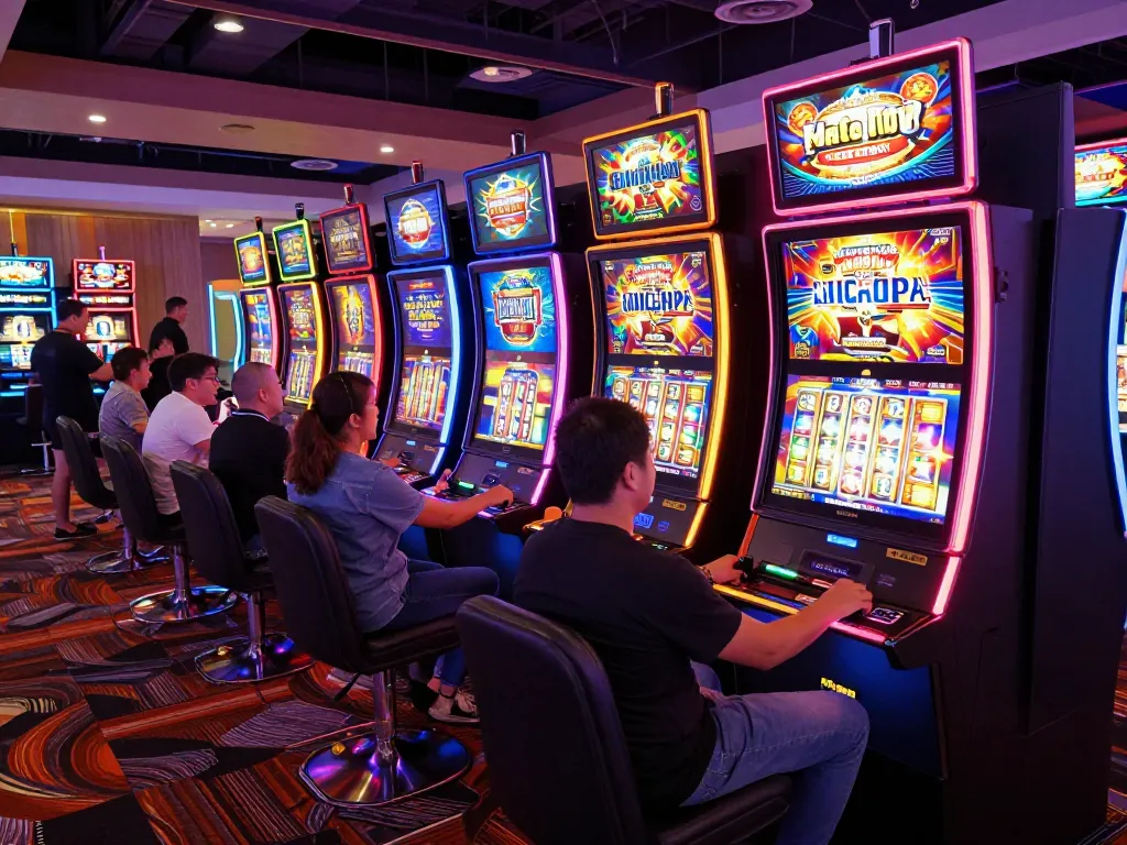 Experience max88 excitement at colorful slot machines with players enjoying their spins