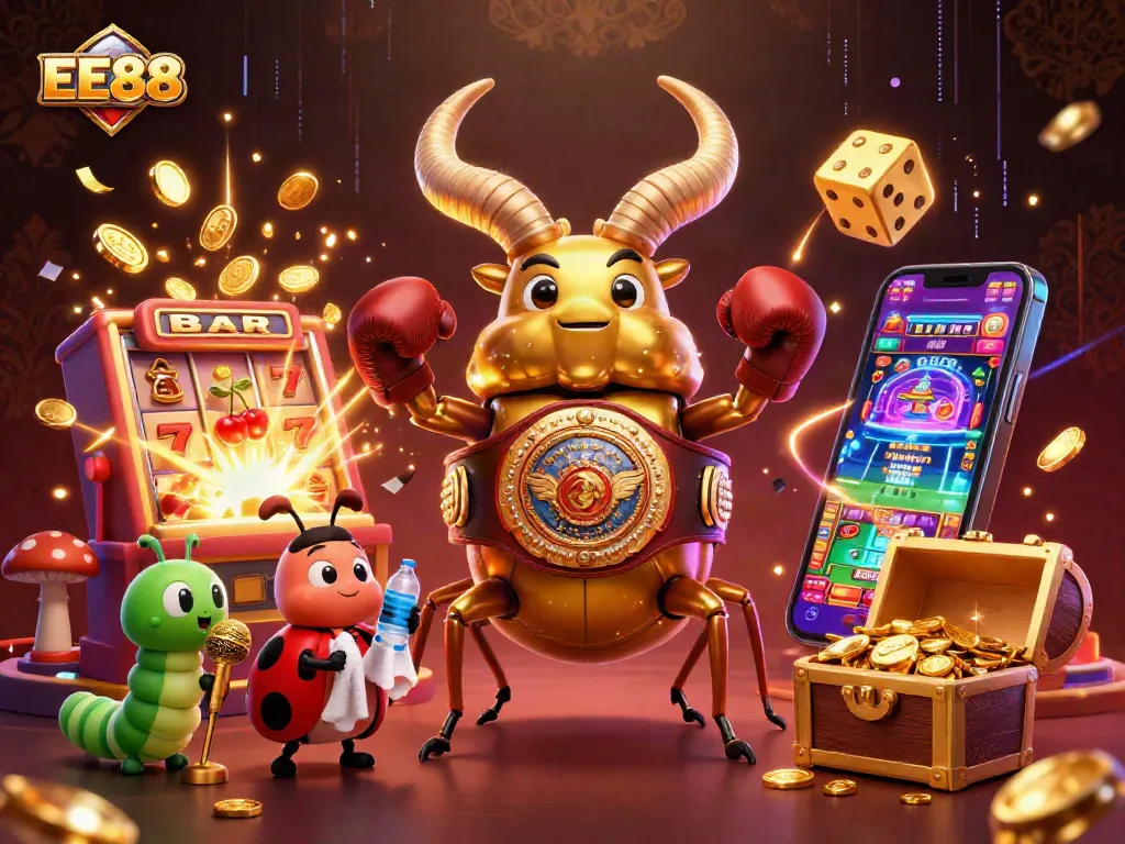 EE88 showcases a dynamic casino scene with a giant beetle and exciting slot machine action.