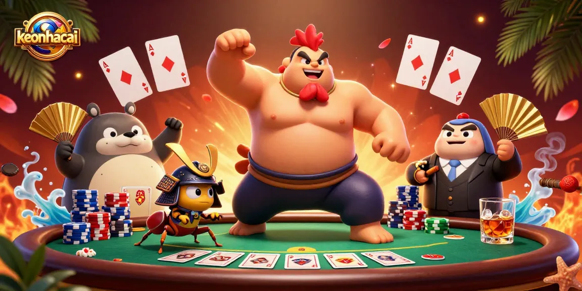 Experience keonhacai action with a powerful sumo rooster and fierce cricket at a vibrant poker table.