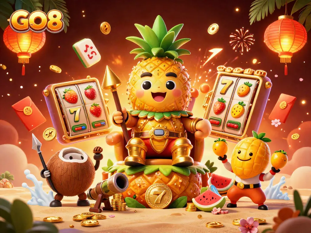 Experience GO8 casino action with vibrant symbols and rich characters in a detailed 3D scene.