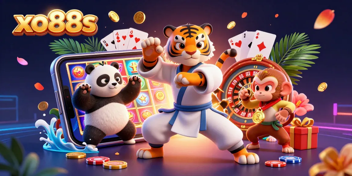Engage with xo88s while enjoying a vibrant 3D casino scene filled with slot games and playful characters.
