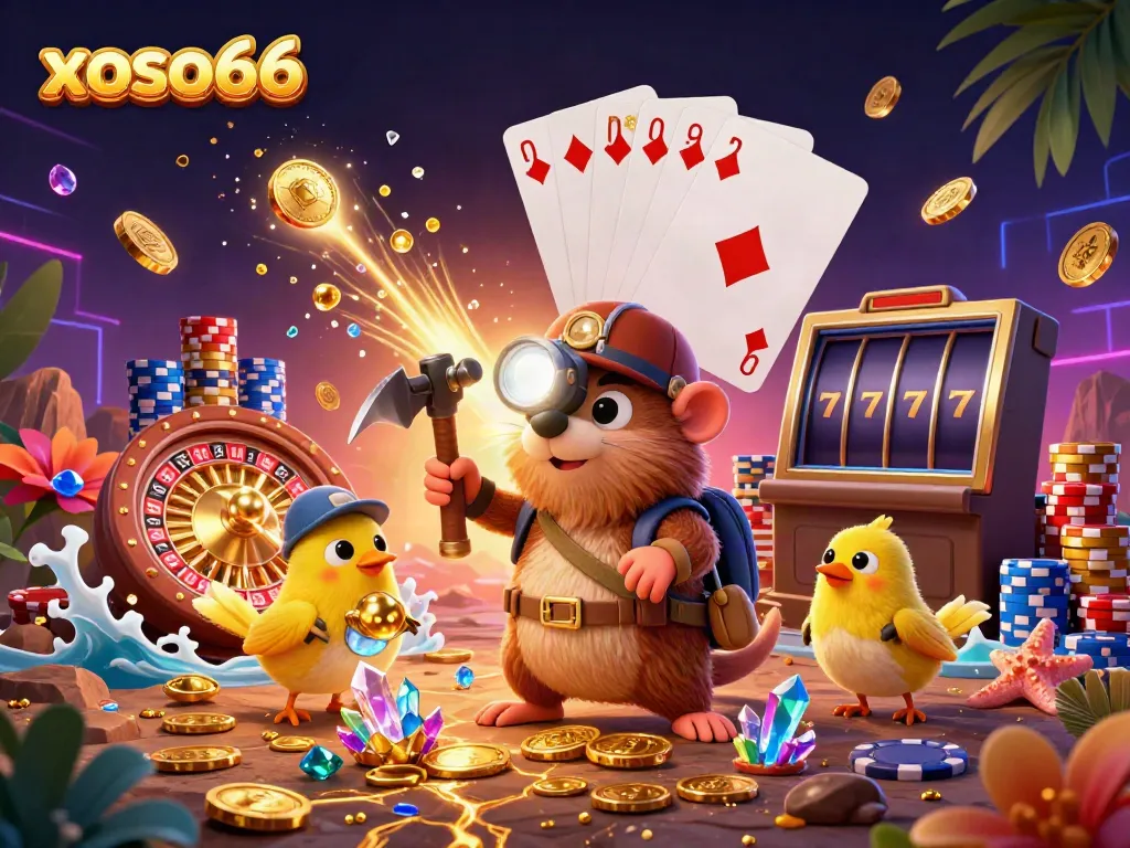 Join the xoso66 lottery adventure with a treasure hunter mole mining in a dazzling gem-filled cave.